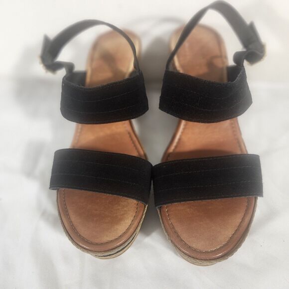 Coach And Four  Sandal Size 8.5 Black Leather Cork Wedge Platform Ankle Strap - Picture 1 of 8